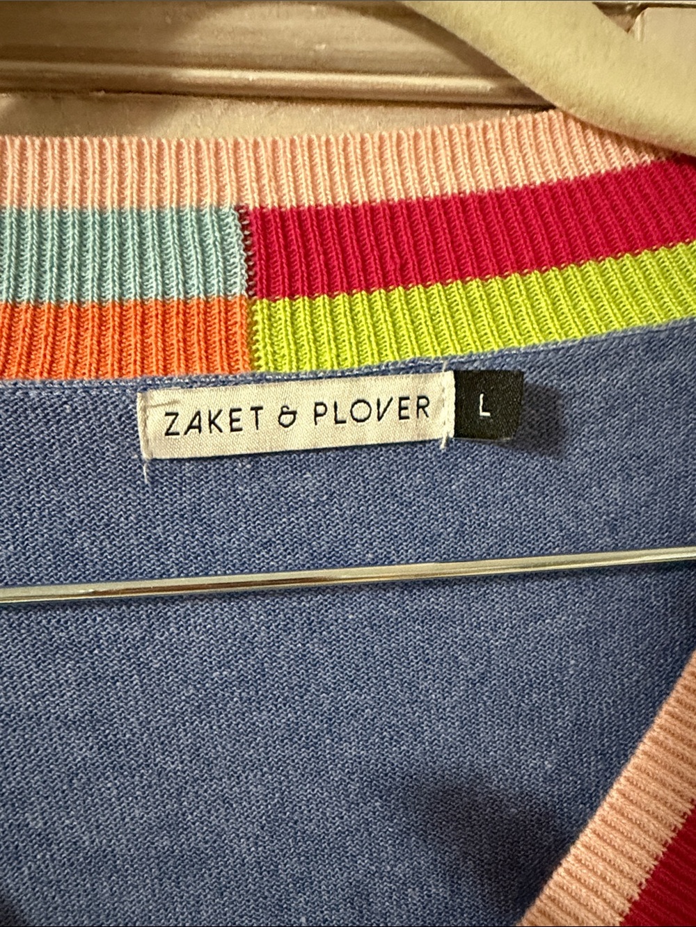 Blue V-Neck Sweater with Rainbow Ribbed Trim - Picture 2 of 6